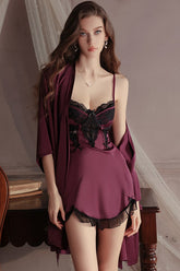 Spaghetti Strap V-Neck with Padded Cups Sweet Lace and Silky Satin Nightgown Robe Set
